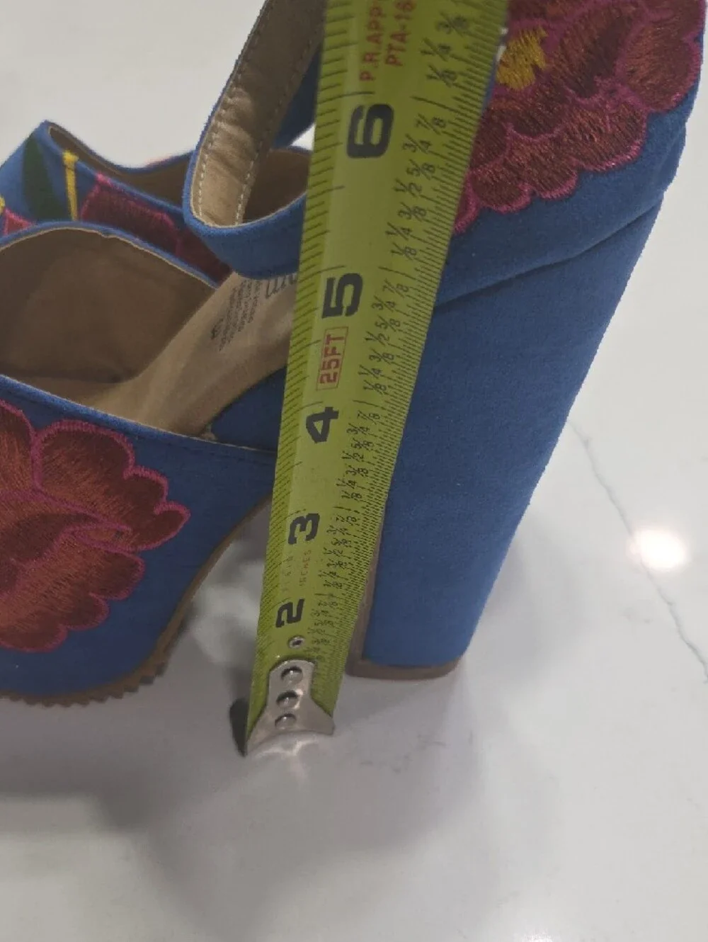 Blue Embroidered Floral Platform Heels
